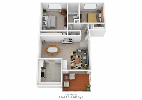Floor plan for 2 beds, 1 bath, 848 sqft